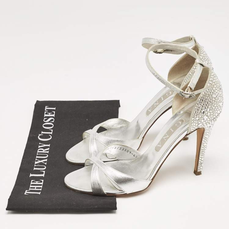 Pre Owned Gina Silver Leather Crystals Embellished Ankle Strap Sandals Size 39.5