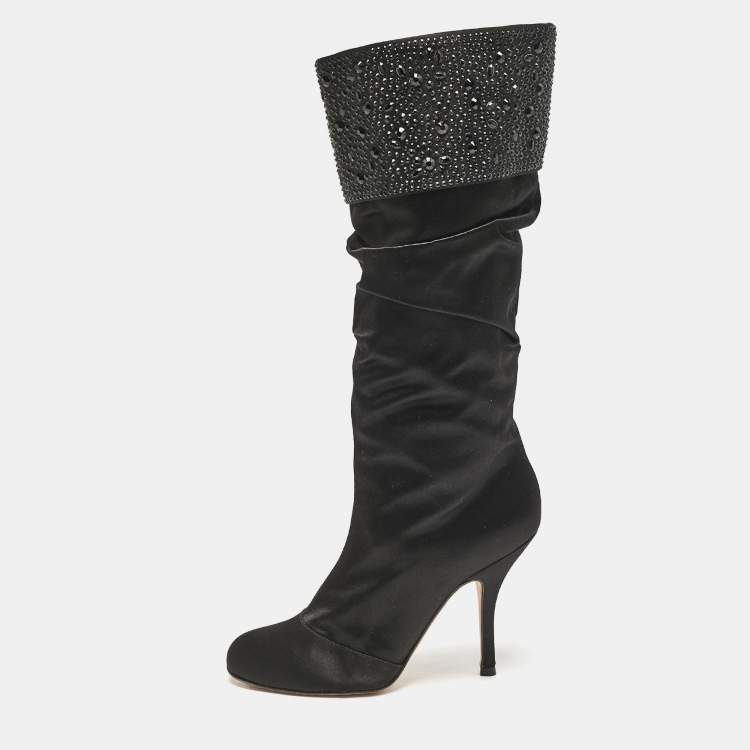 Pre Owned Gina Black Satin Crystals Embellished Pleated Mid Calf Boots Size 37