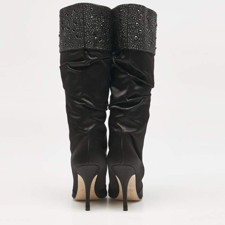 Pre Owned Gina Black Satin Crystals Embellished Pleated Mid Calf Boots Size 37
