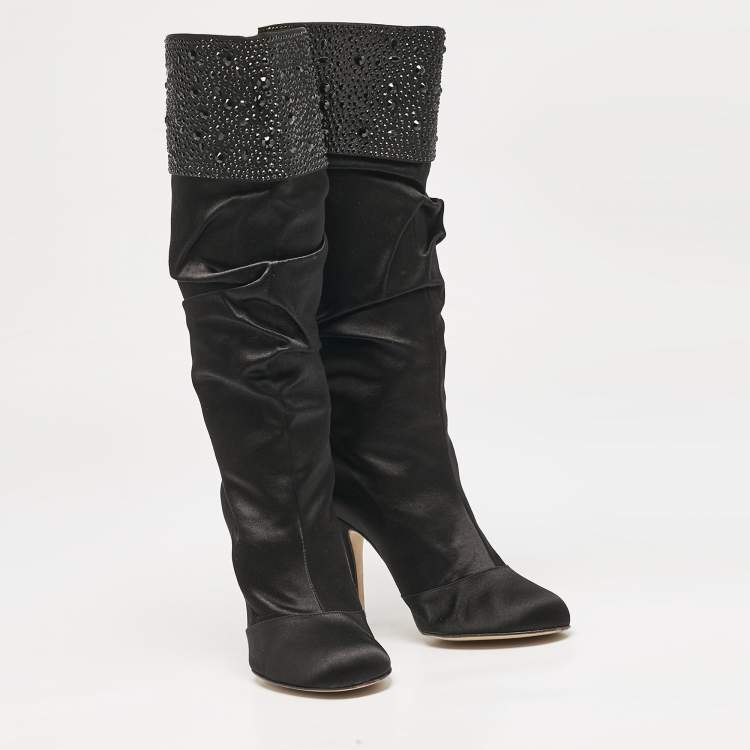 Pre Owned Gina Black Satin Crystals Embellished Pleated Mid Calf Boots Size 37