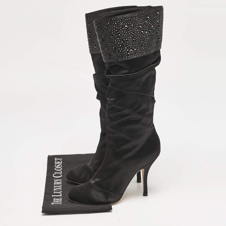 Pre Owned Gina Black Satin Crystals Embellished Pleated Mid Calf Boots Size 37