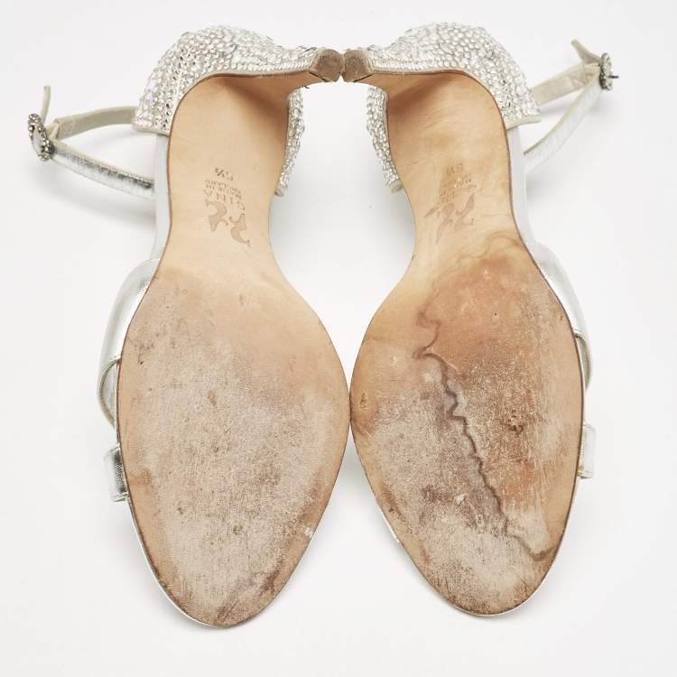 Pre Owned Gina Silver Leather Crystals Embellished Ankle Strap Sandals Size 38.5