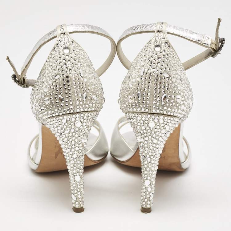 Pre Owned Gina Silver Leather Crystals Embellished Ankle Strap Sandals Size 38.5