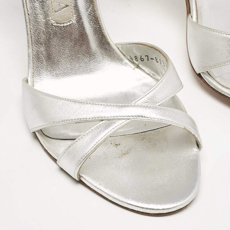 Pre Owned Gina Silver Leather Crystals Embellished Ankle Strap Sandals Size 38.5
