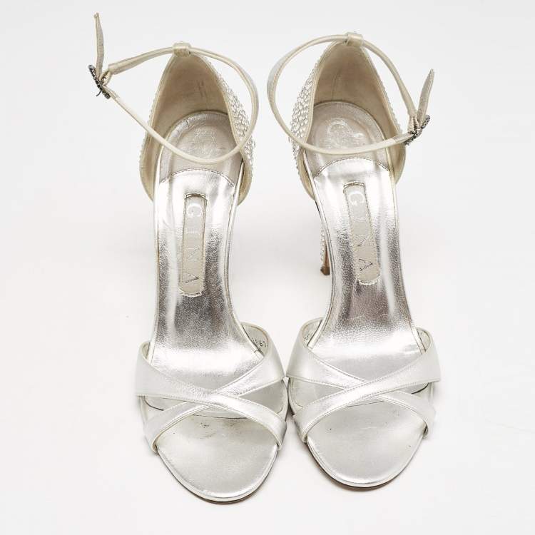 Pre Owned Gina Silver Leather Crystals Embellished Ankle Strap Sandals Size 38.5