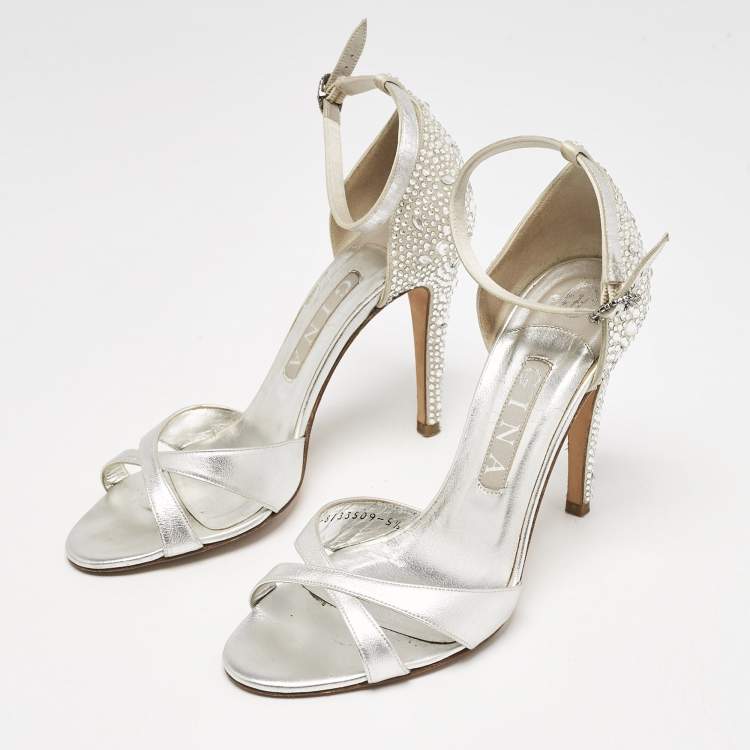 Pre Owned Gina Silver Leather Crystals Embellished Ankle Strap Sandals Size 38.5