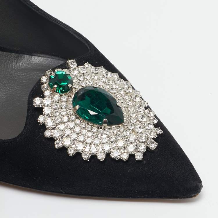 Pre Owned Gina Black Suede Giada Crystal Embellished Pointed Toe Pumps Size 38