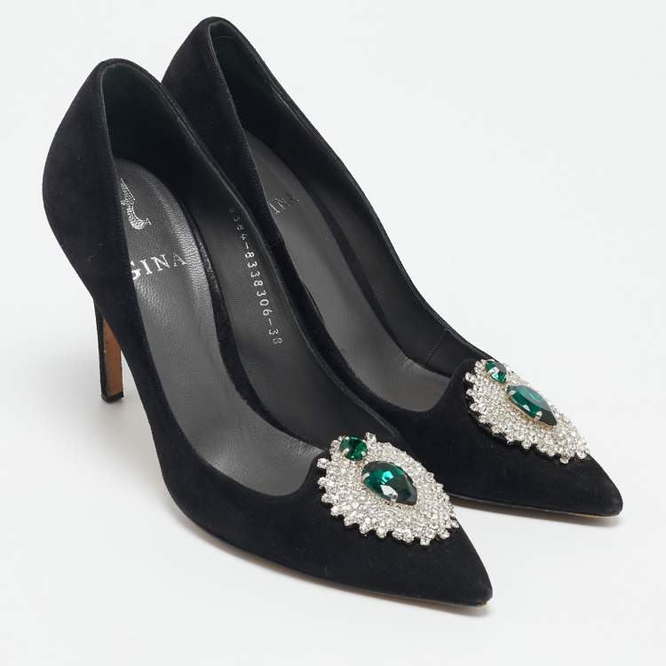 Pre Owned Gina Black Suede Giada Crystal Embellished Pointed Toe Pumps Size 38
