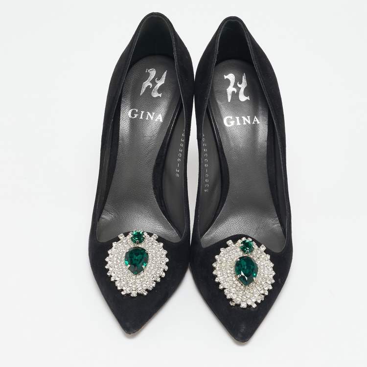 Pre Owned Gina Black Suede Giada Crystal Embellished Pointed Toe Pumps Size 38