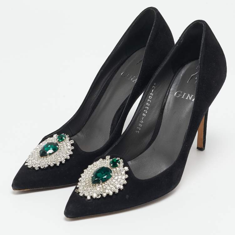 Pre Owned Gina Black Suede Giada Crystal Embellished Pointed Toe Pumps Size 38
