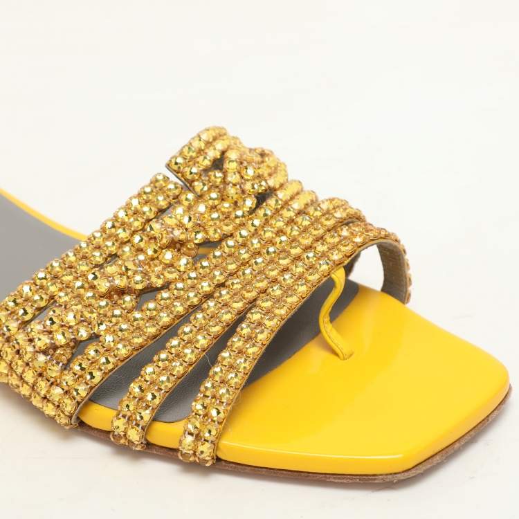Pre Owned Gina Metallic Yellow Crystals Embellished Flat Sandals Size 38.5