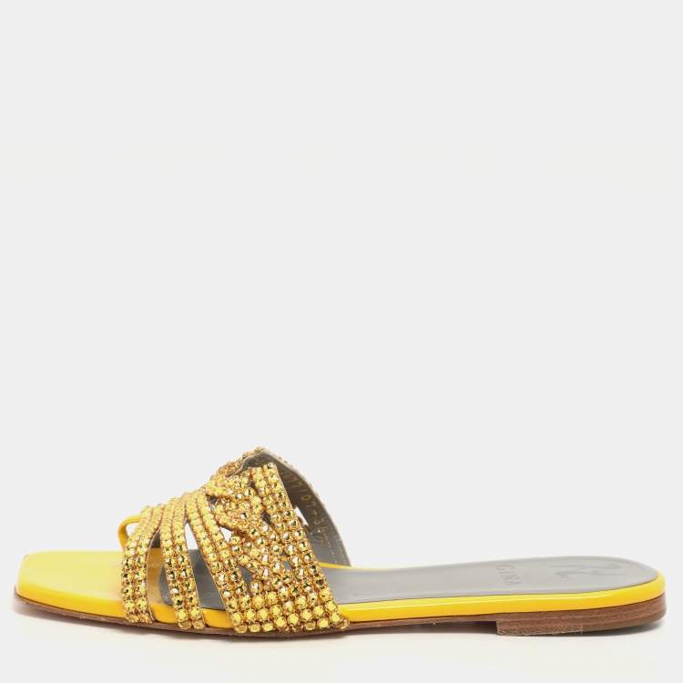 Pre Owned Gina Metallic Yellow Crystals Embellished Flat Sandals Size 38.5
