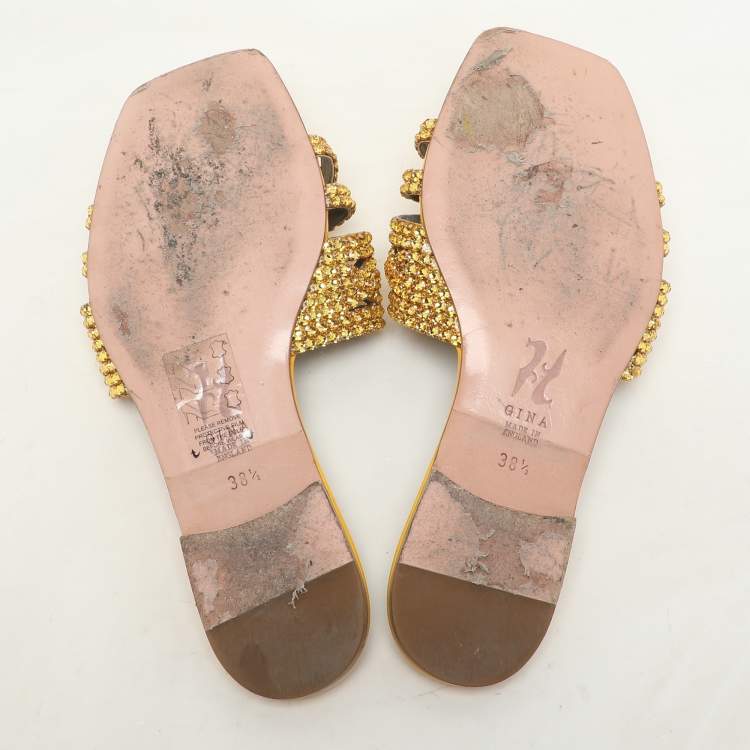 Pre Owned Gina Metallic Yellow Crystals Embellished Flat Sandals Size 38.5