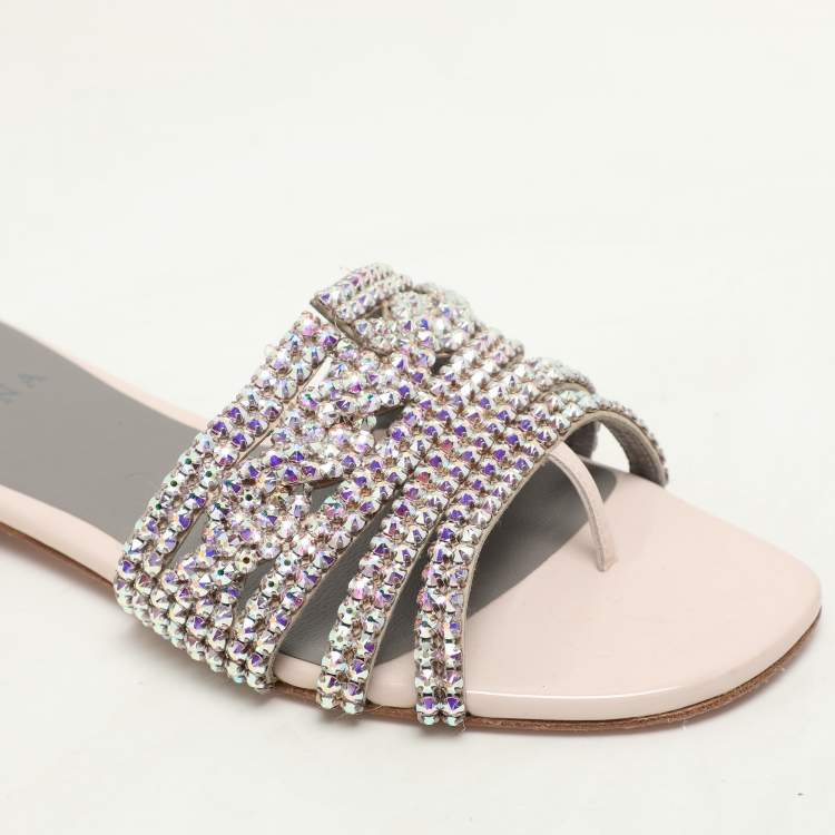 Pre Owned Gina Pink Crystal Embellished Leather Flat Slides Size 37