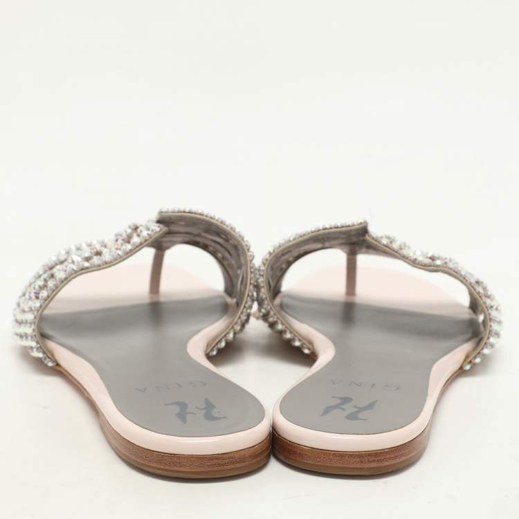 Pre Owned Gina Pink Crystal Embellished Leather Flat Slides Size 37