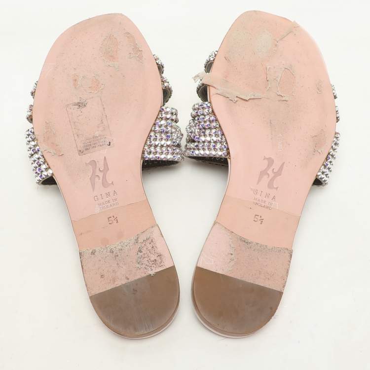 Pre Owned Gina Pink Crystal Embellished Leather Flat Slides Size 37