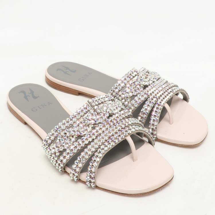 Pre Owned Gina Pink Crystal Embellished Leather Flat Slides Size 37