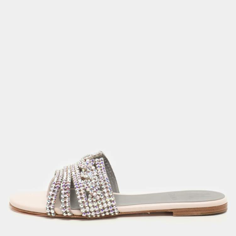 Pre Owned Gina Pink Crystal Embellished Leather Flat Slides Size 37