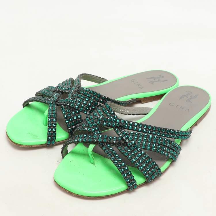 Pre Owned Gina Green Leather Crystal Embellished Flat Slides Size 38.5