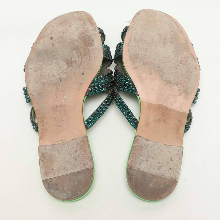 Pre Owned Gina Green Leather Crystal Embellished Flat Slides Size 38.5