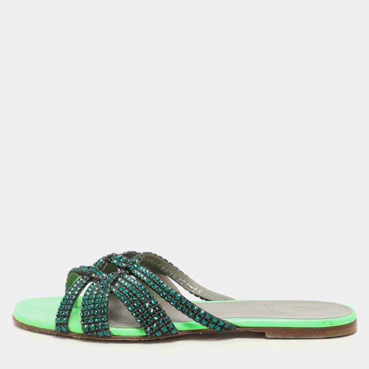 Pre Owned Gina Green Leather Crystal Embellished Flat Slides Size 38.5