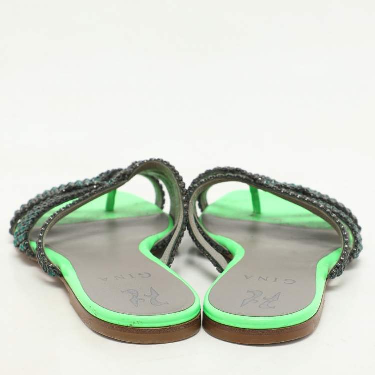 Pre Owned Gina Green Leather Crystal Embellished Flat Slides Size 38.5