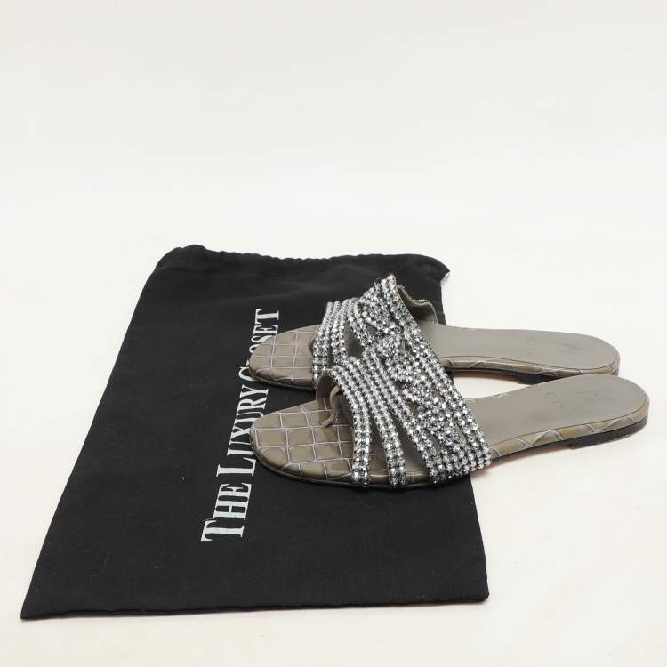 Pre Owned Gina Green Croc Embossed Crystal Embellished Thong Flat Slides Size 38.5