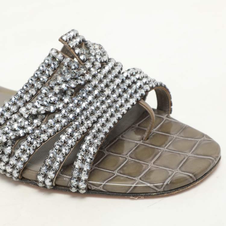 Pre Owned Gina Green Croc Embossed Crystal Embellished Thong Flat Slides Size 38.5