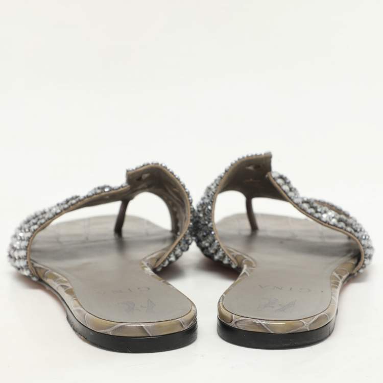 Pre Owned Gina Green Croc Embossed Crystal Embellished Thong Flat Slides Size 38.5