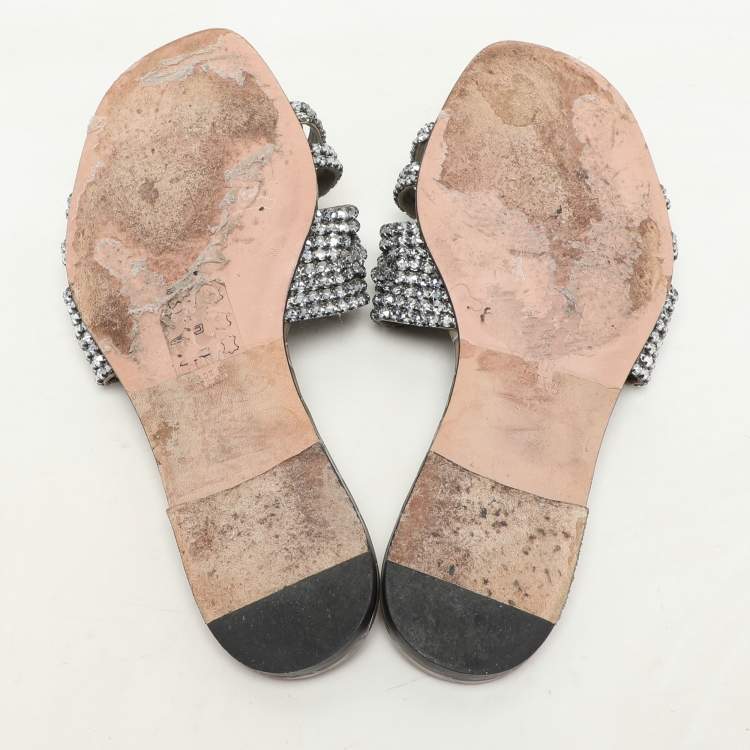 Pre Owned Gina Green Croc Embossed Crystal Embellished Thong Flat Slides Size 38.5