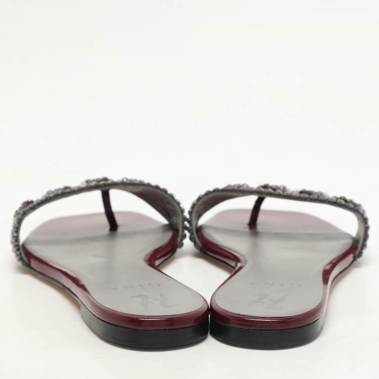 Pre Owned Gina Burgundy Crystal Embellished Athena Slide Flats Size 38.5