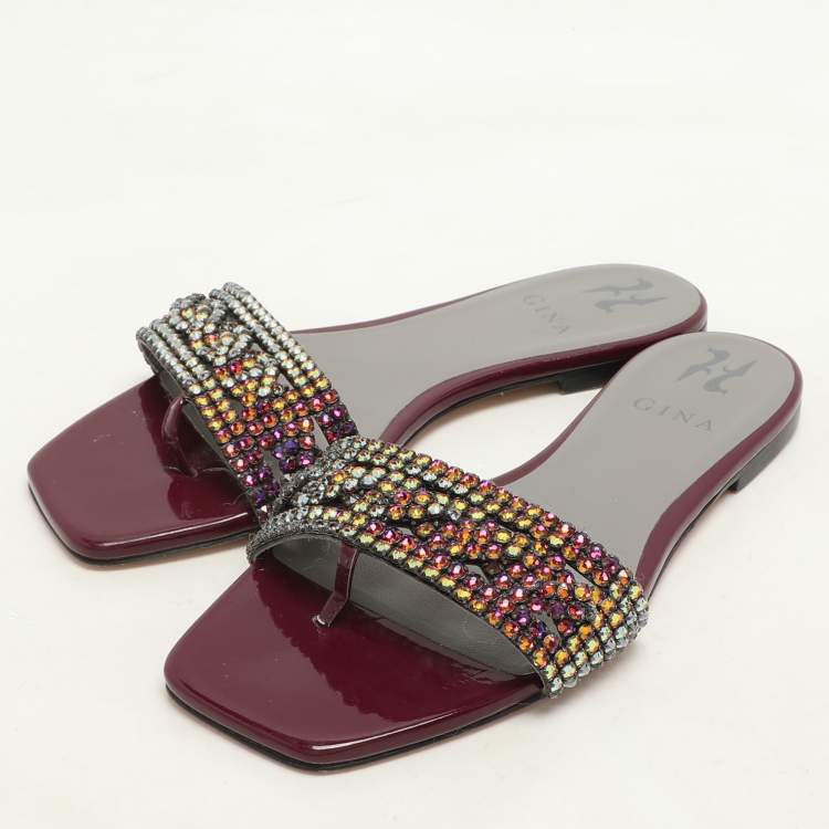Pre Owned Gina Burgundy Crystal Embellished Athena Slide Flats Size 38.5