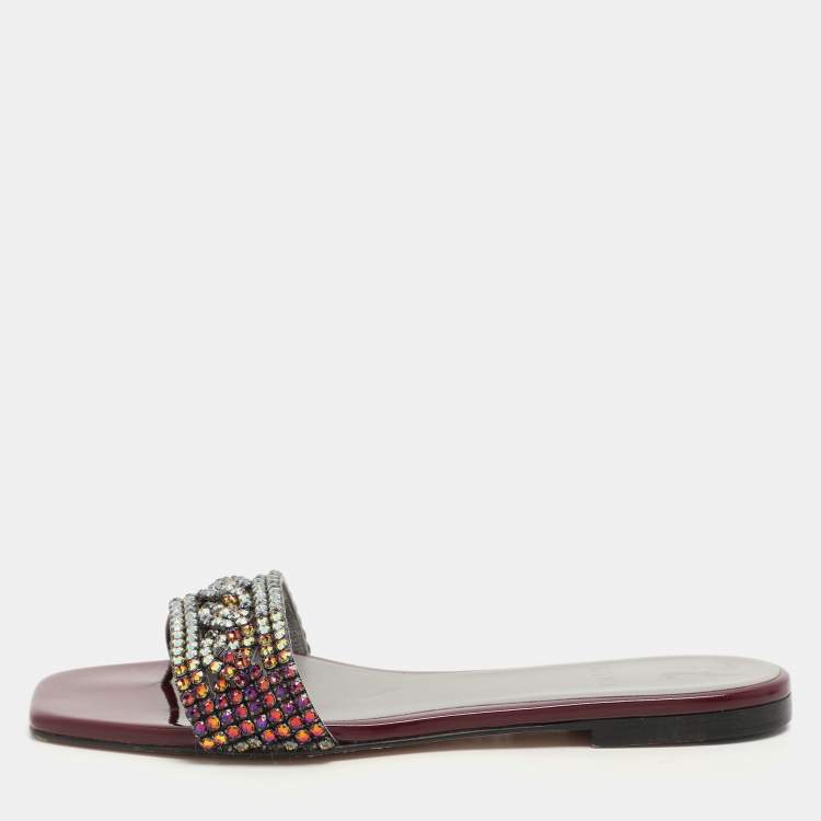 Pre Owned Gina Burgundy Crystal Embellished Athena Slide Flats Size 38.5