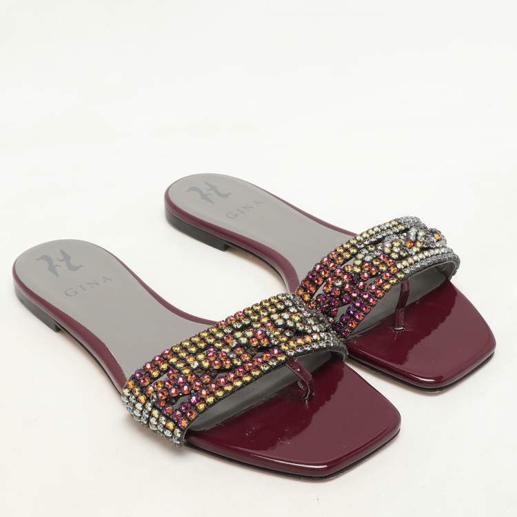 Pre Owned Gina Burgundy Crystal Embellished Athena Slide Flats Size 38.5