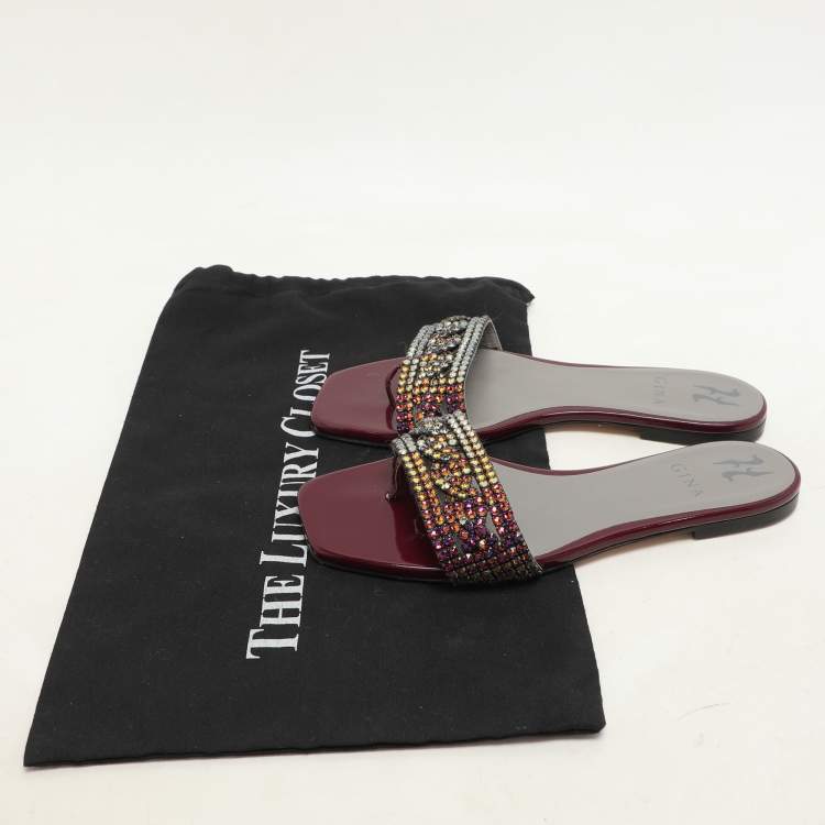Pre Owned Gina Burgundy Crystal Embellished Athena Slide Flats Size 38.5
