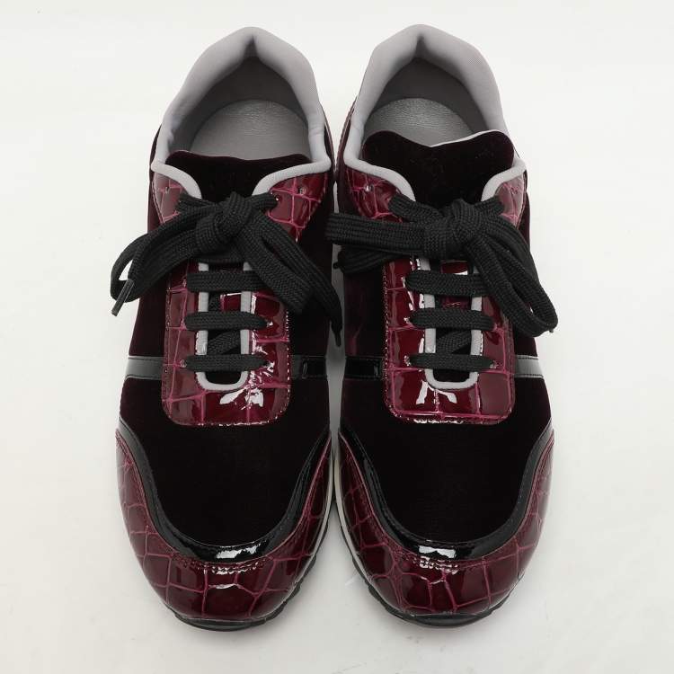 Pre Owned Gina Magenta Croc Embossed Patent Leather and Velvet Low Top Sneakers Size 37