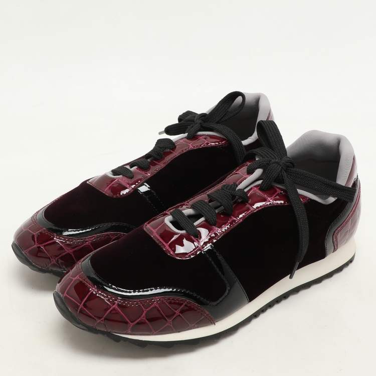 Pre Owned Gina Magenta Croc Embossed Patent Leather and Velvet Low Top Sneakers Size 37