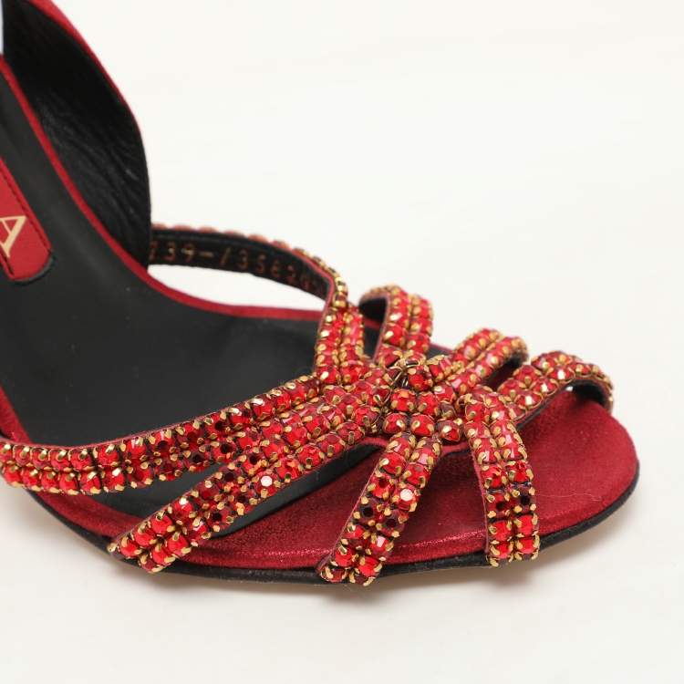Pre Owned Gina Red Glitter Leather Crystal Embellished Slingback Sandals Size 37.5