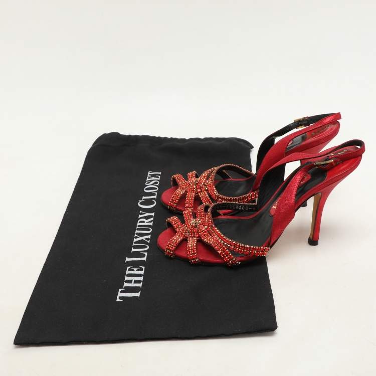 Pre Owned Gina Red Glitter Leather Crystal Embellished Slingback Sandals Size 37.5
