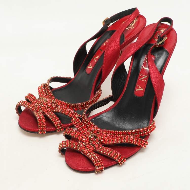 Pre Owned Gina Red Glitter Leather Crystal Embellished Slingback Sandals Size 37.5