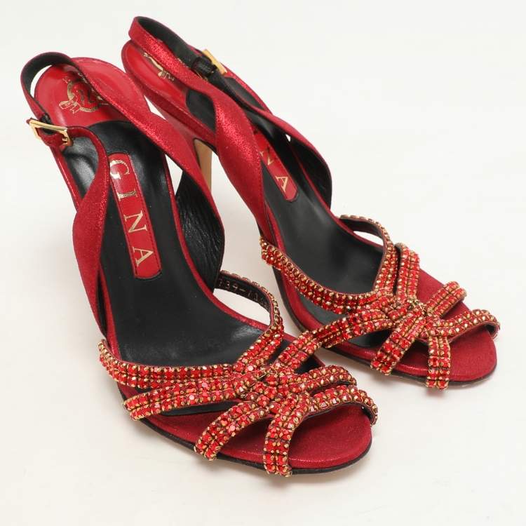 Pre Owned Gina Red Glitter Leather Crystal Embellished Slingback Sandals Size 37.5