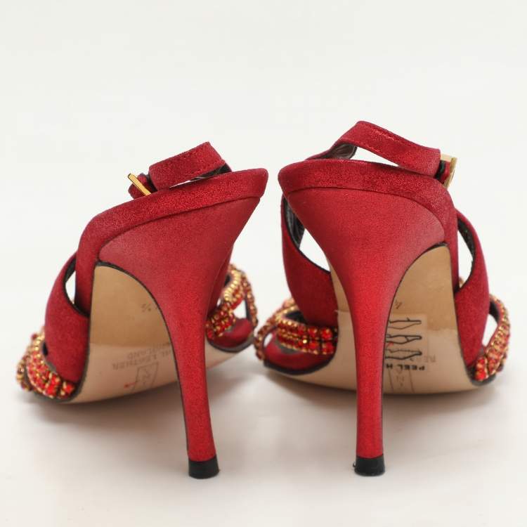 Pre Owned Gina Red Glitter Leather Crystal Embellished Slingback Sandals Size 37.5