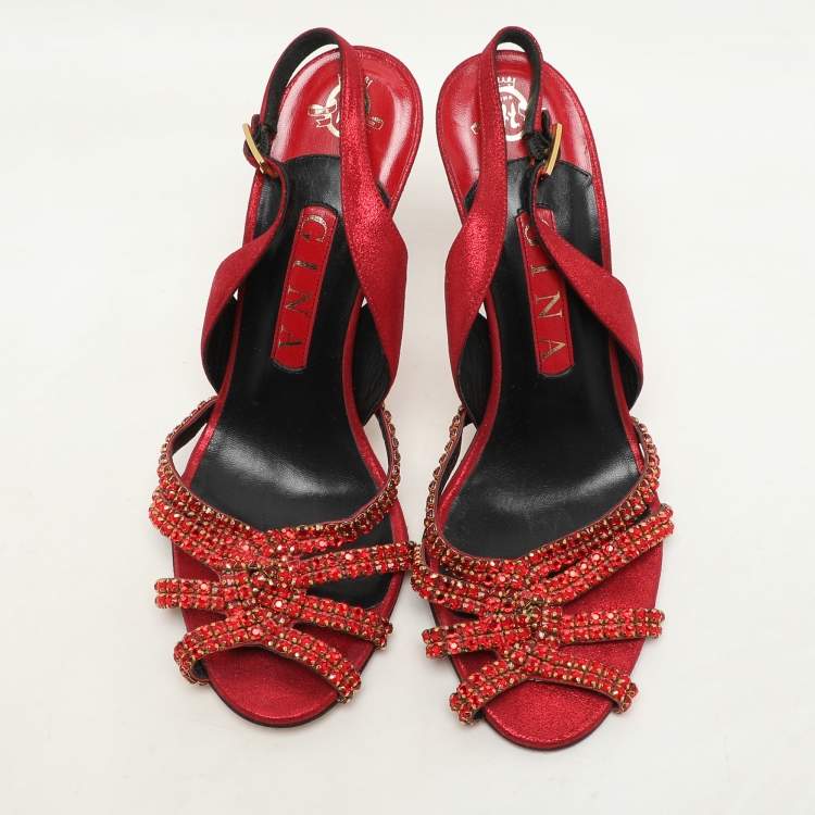 Pre Owned Gina Red Glitter Leather Crystal Embellished Slingback Sandals Size 37.5