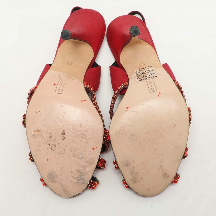 Pre Owned Gina Red Glitter Leather Crystal Embellished Slingback Sandals Size 37.5