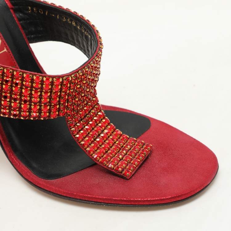 Pre Owned Gina Red Crystals Embellished Thong Slides Sandals Size 38
