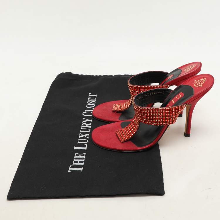 Pre Owned Gina Red Crystals Embellished Thong Slides Sandals Size 38