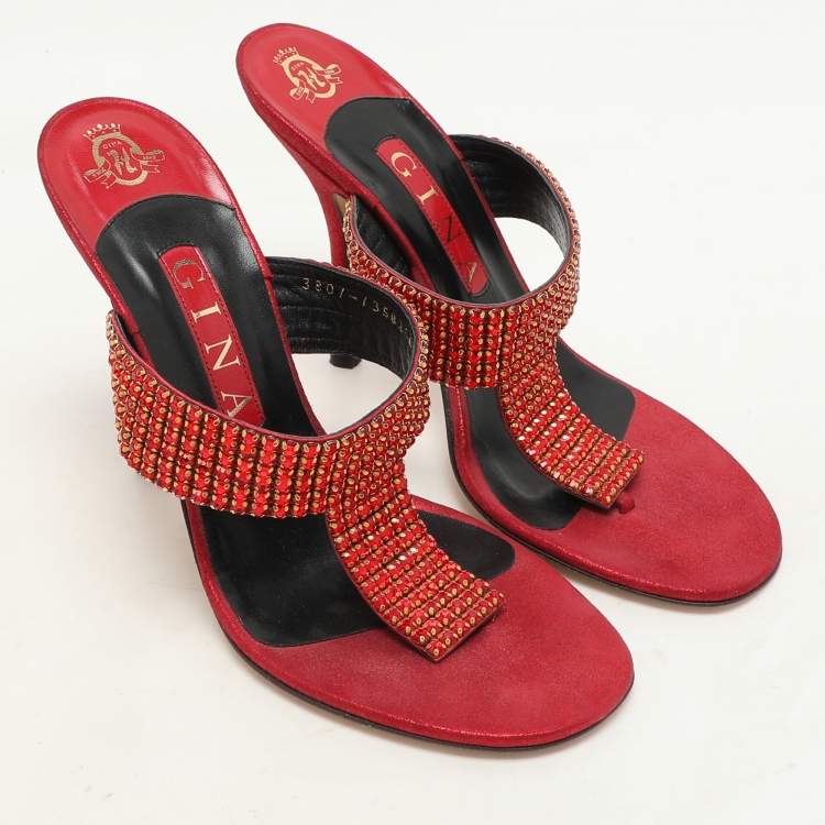 Pre Owned Gina Red Crystals Embellished Thong Slides Sandals Size 38
