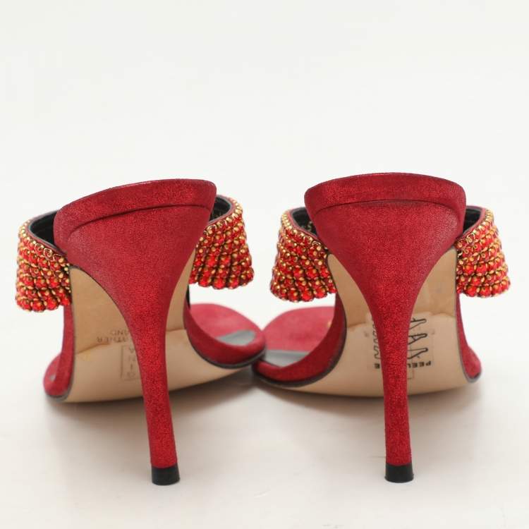 Pre Owned Gina Red Crystals Embellished Thong Slides Sandals Size 38