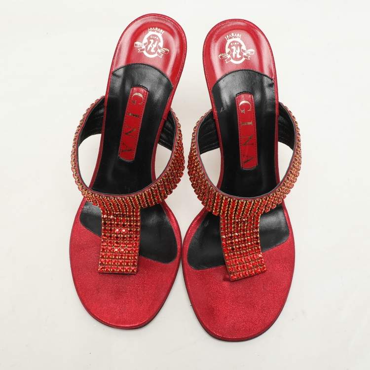 Pre Owned Gina Red Crystals Embellished Thong Slides Sandals Size 38
