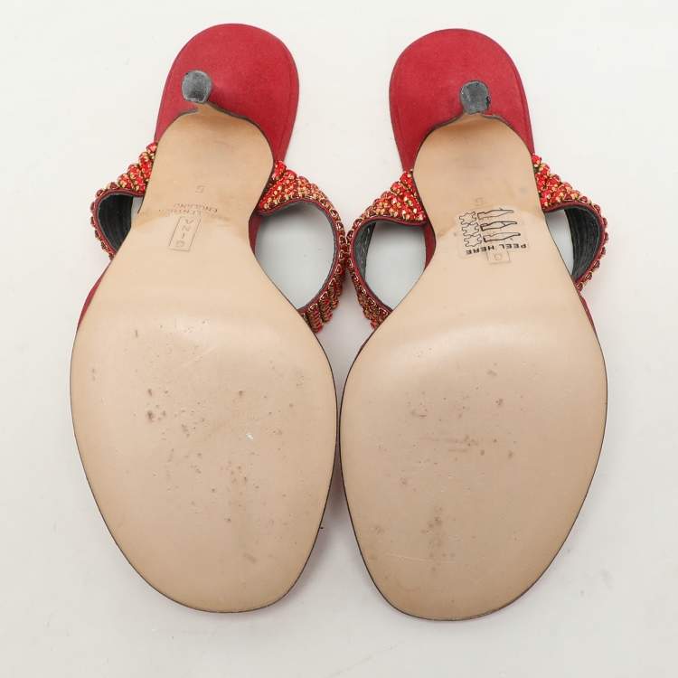 Pre Owned Gina Red Crystals Embellished Thong Slides Sandals Size 38